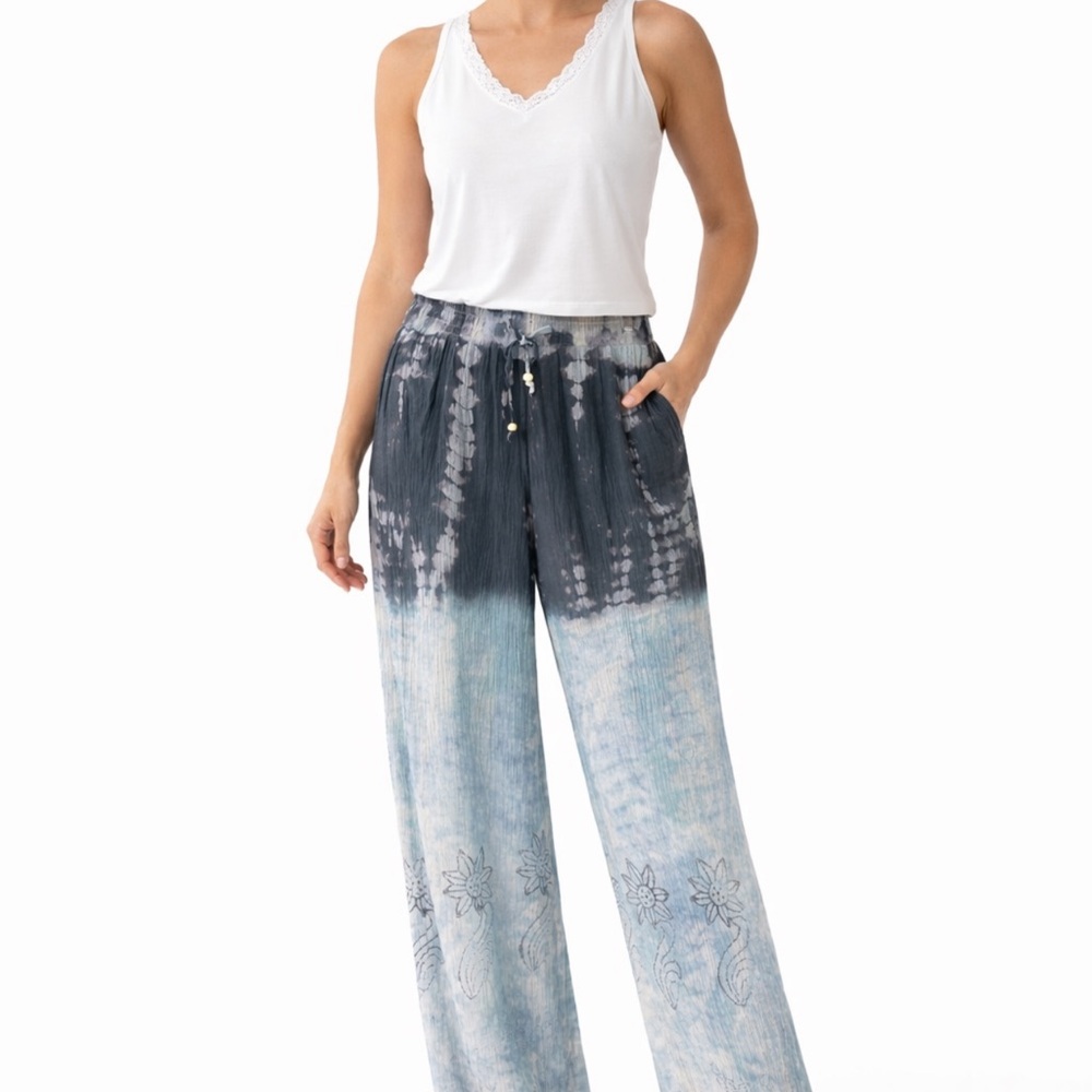 Boho Gauze Wide Leg Pants 1X Tie Dye Pull On Beachy Lightweight